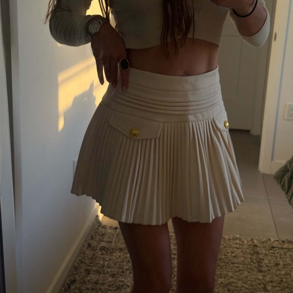 Zara Cream Pleated Mini Skirt with Gold Buttons